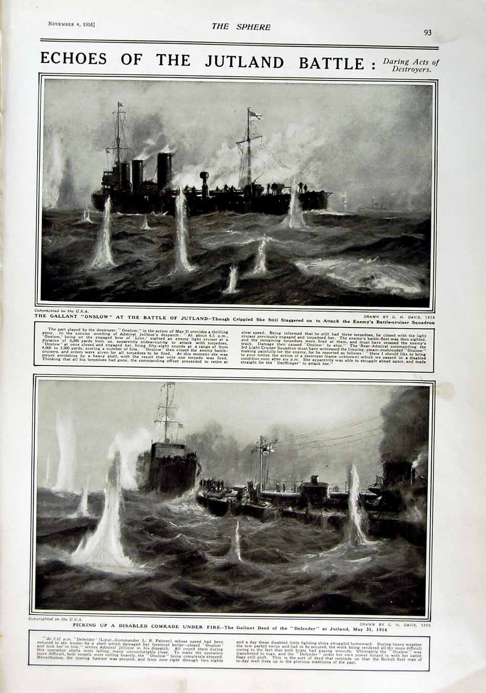 Original Old Antique Print 1916 Roll Honour Dead Siers War Onslow Ship Jutland