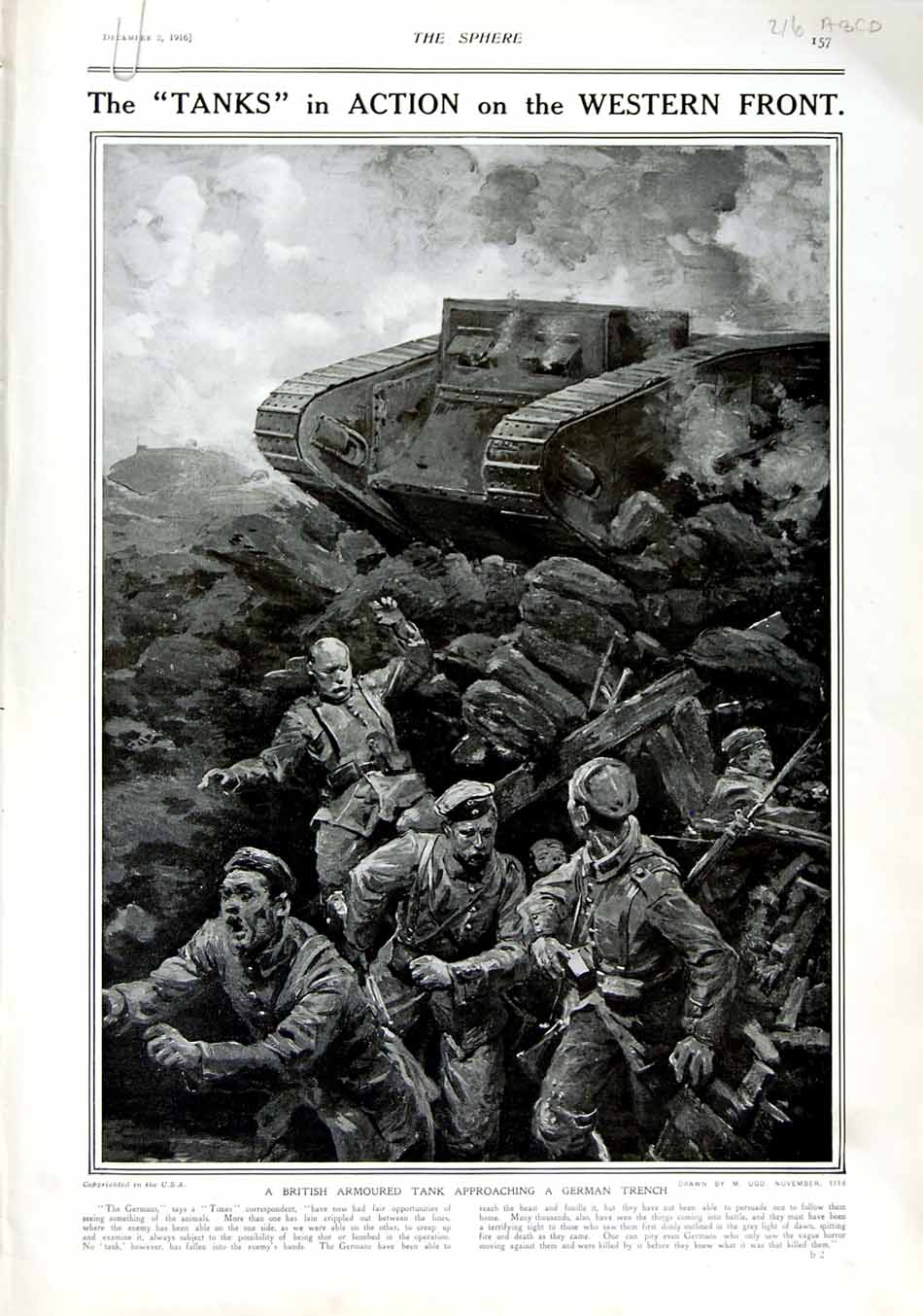 Original Old Antique Print 1916 British Armoured Tank Siers War German Trench