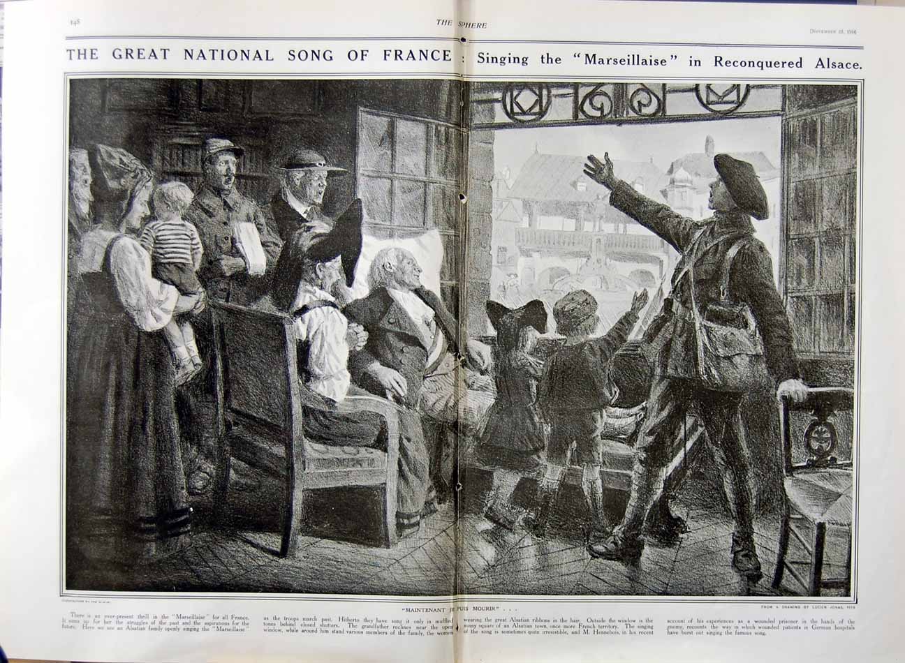 Old Antique Print 1916 National Song France Marseillaise Alsace Singing 20th