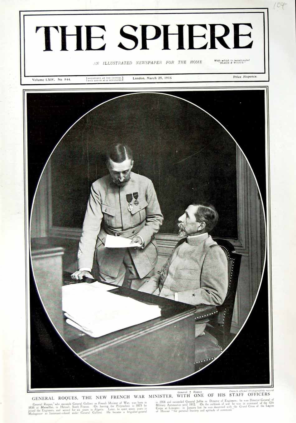 Old Antique Print 1916 General Roques French War Minister Staff Officer 20th
