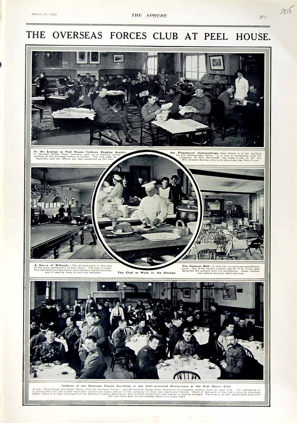 Original Old Antique Print 1916 Peel House Siers Club House Chef Kitchen War