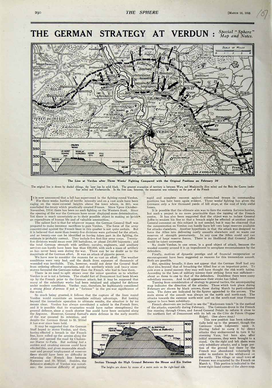 Original Old Antique Print 1916 Map Germant Strategy Verdun Mountains Meuse War