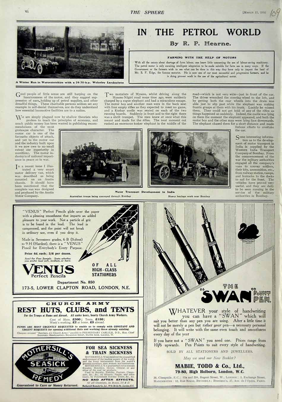 Original Old Antique Print 1916 Wolseley Motor Car Australian Siers Swan Pen