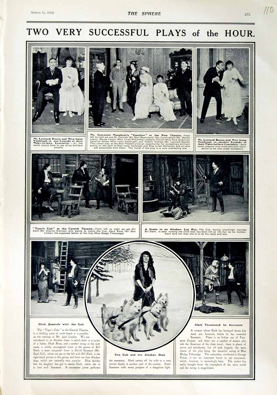 Original Old Antique Print 1916 Theatre Boyne Alaskan Dogs Garrick Vanbrugh