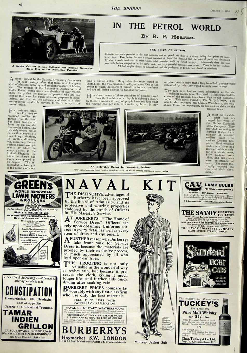 Old Antique Print 1916 Napier Motor Car Burberry Savoy Cigarettes Whisky 20th