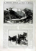 Old Antique Print 1916 Wrecked Zeppelin Gondola Searchlights Revigny War 20th