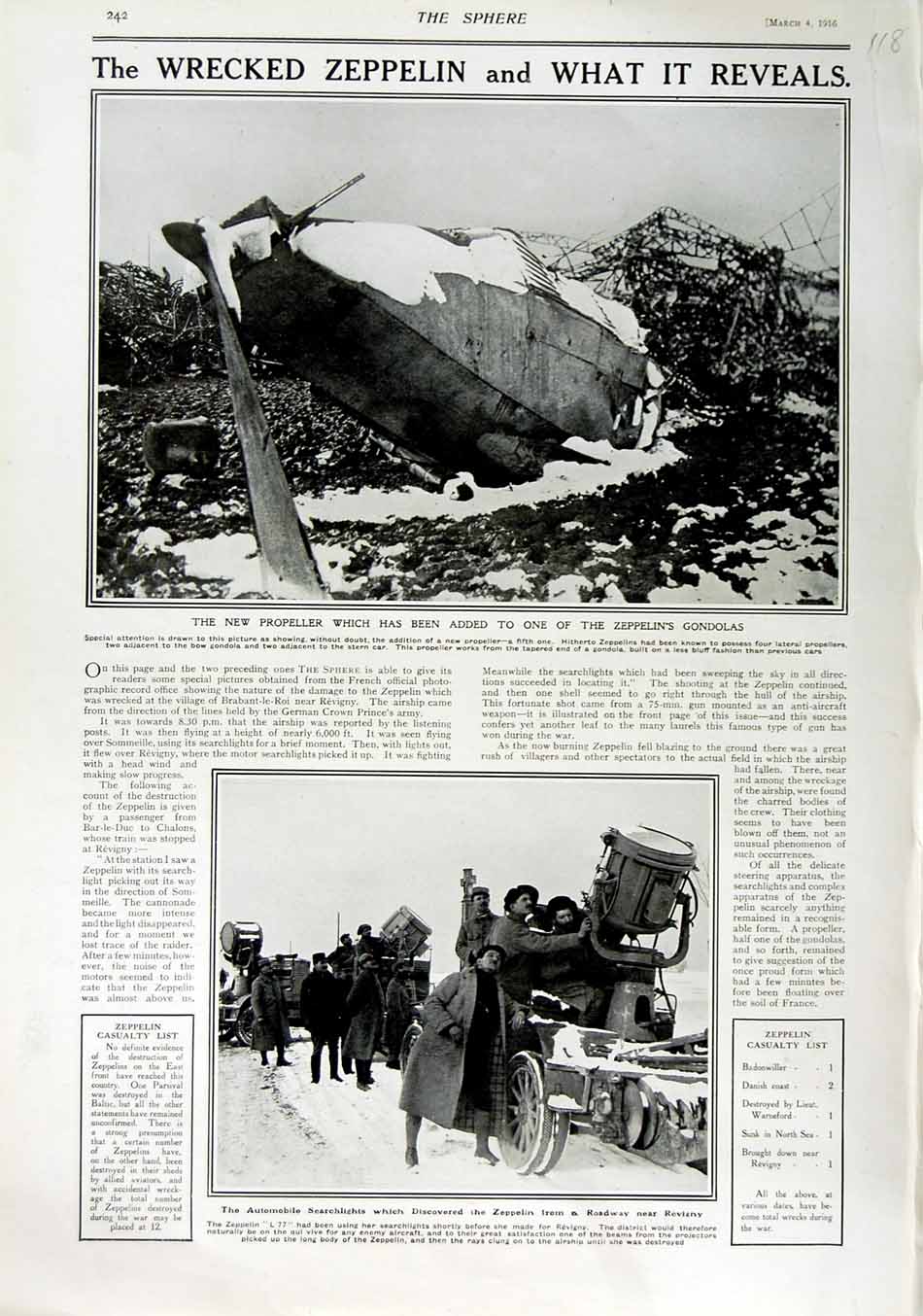Old Antique Print 1916 Wrecked Zeppelin Gondola Searchlights Revigny War 20th