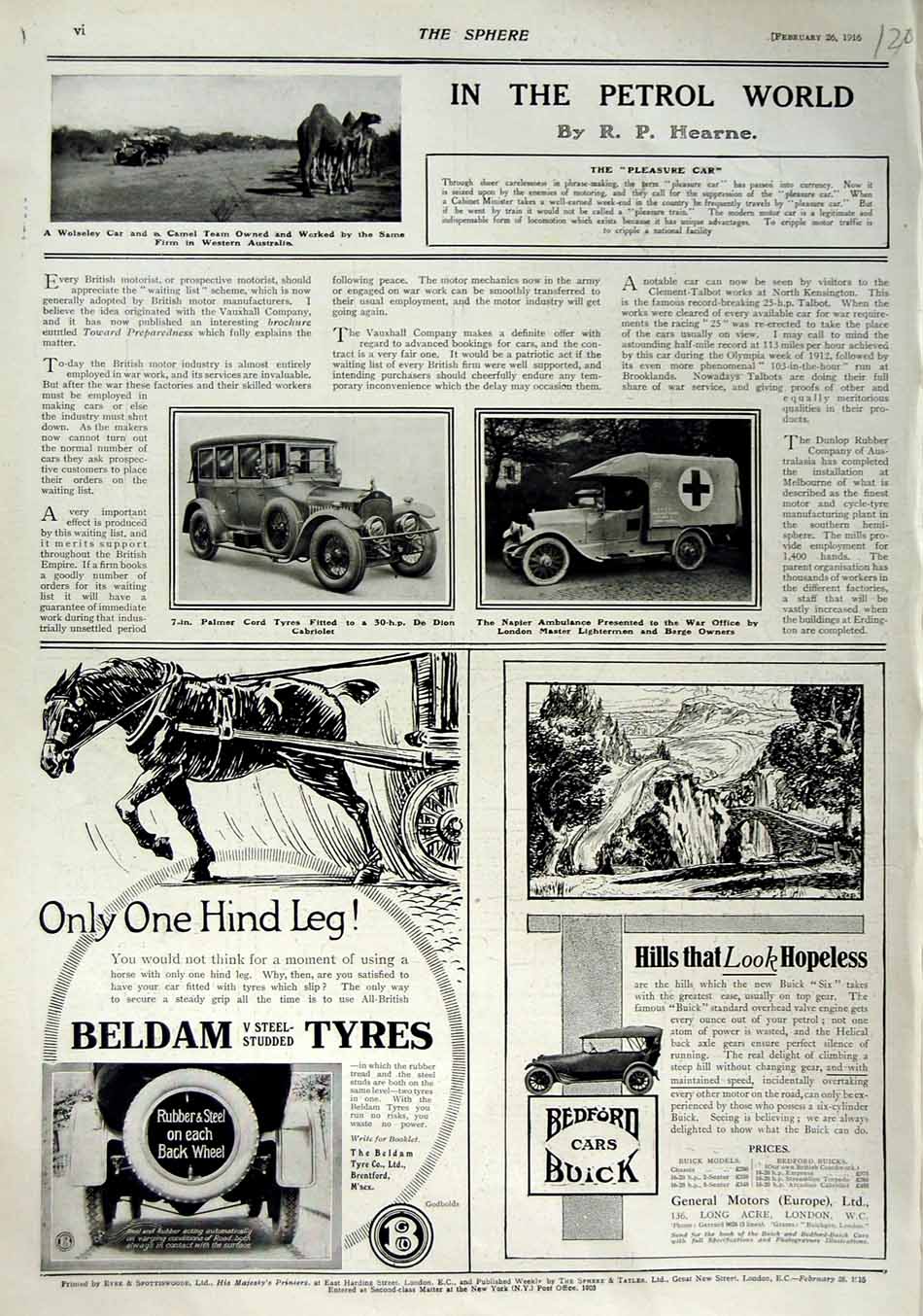 Old Antique Print 1916 Wolseley Motor Car Palmer Napier Ambulance Buick 20th