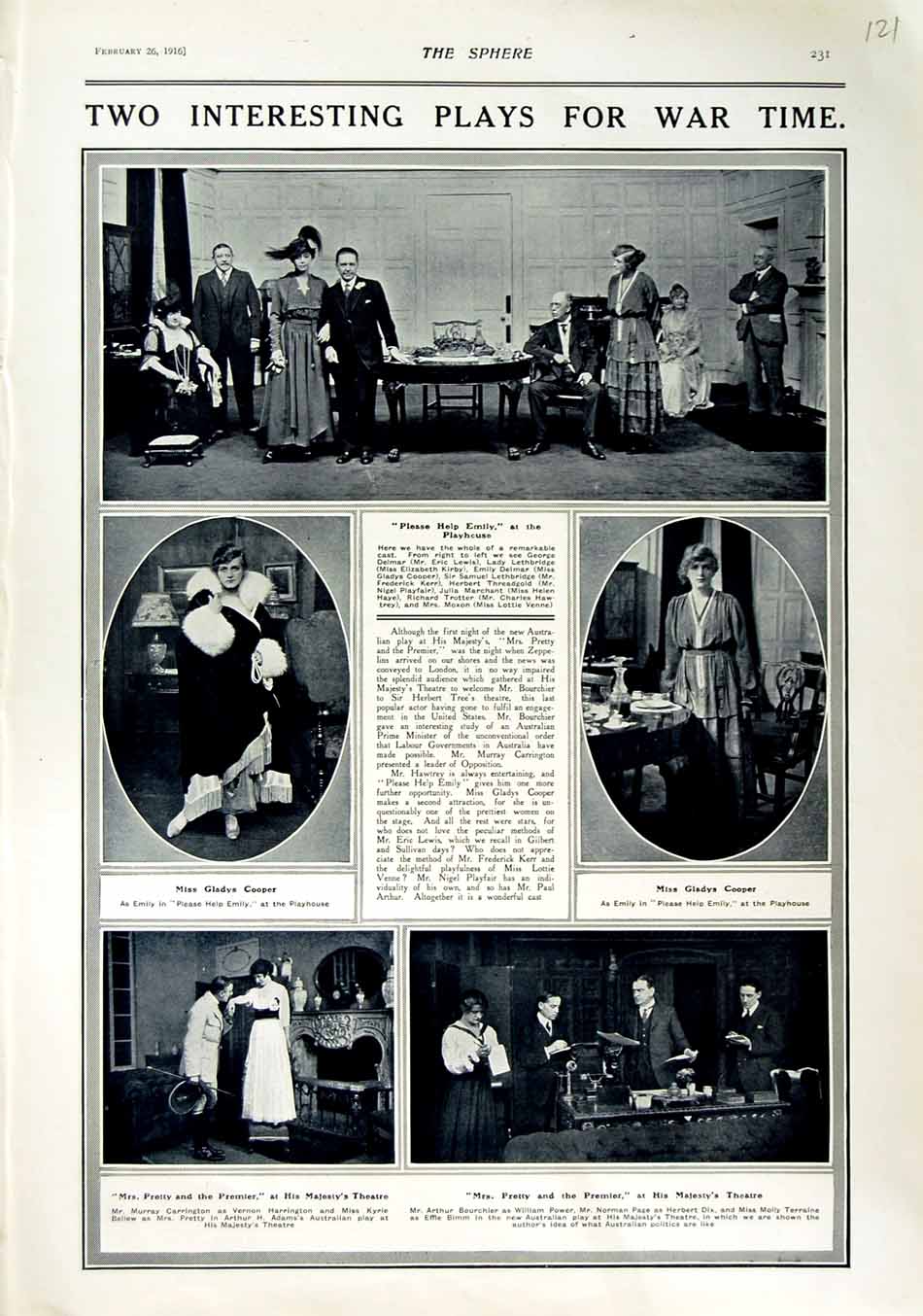 Old Antique Print 1916 Playhouse Theatre Majesty Gladys Cooper Terraine 20th