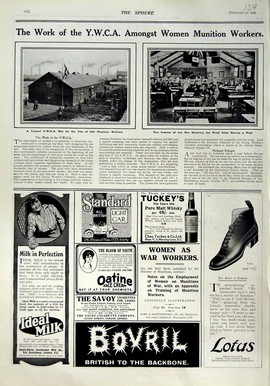 Old Antique Print 1916 Y.M.C.A Munition Workers Milk Lotus Bovril Oatine 20th