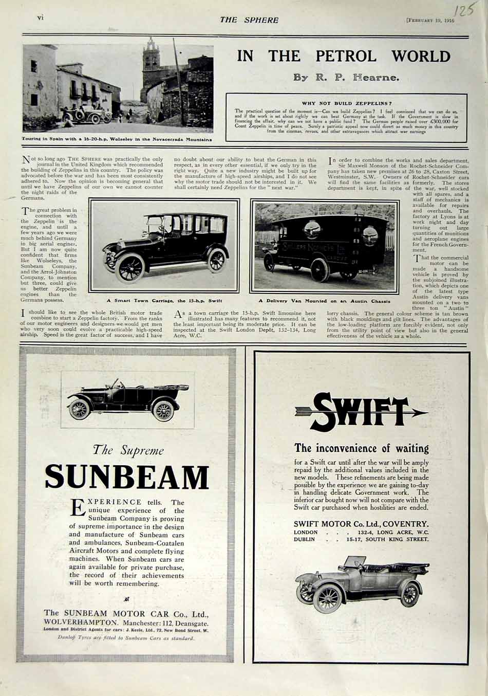 Original Old Antique Print 1916 Wolseley Motor Car Swift Sunbeam Austin Chassis