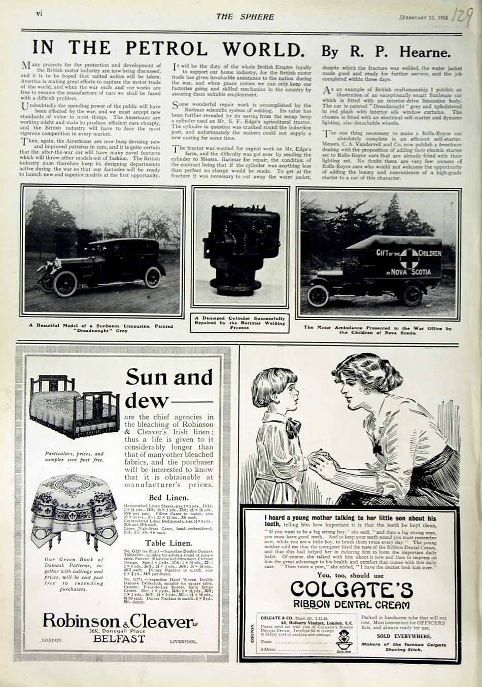 Original Old Antique Print 1916 Sunbeam Limousine Ambulance Colgate Robinson