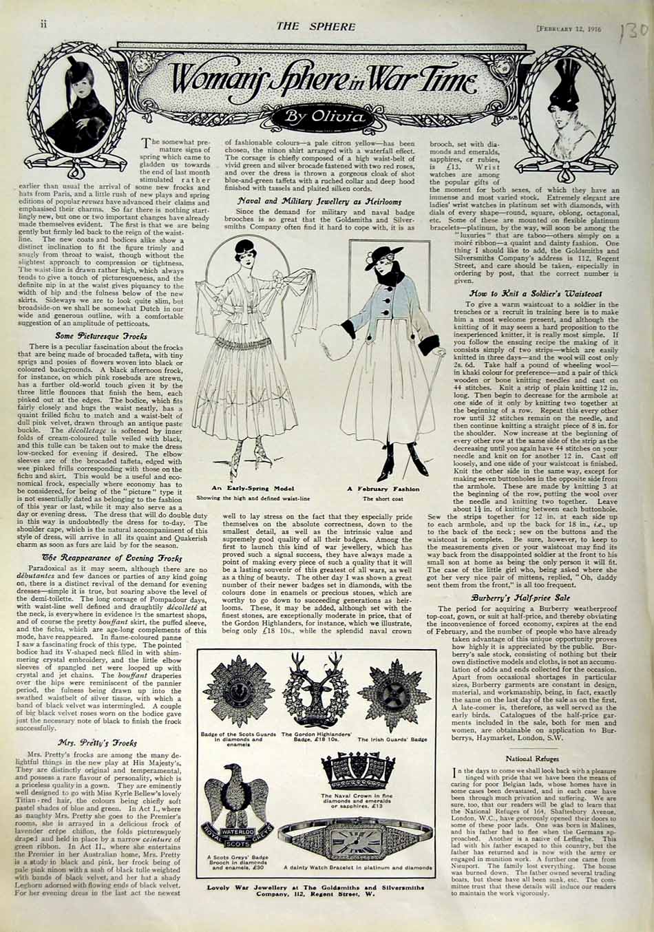 Original Old Antique Print 1916 Woman'S Fashion Dress Coat War Jewellery London