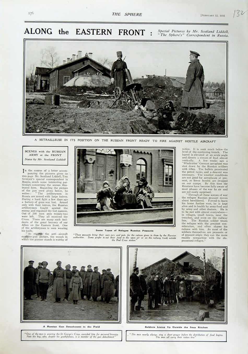 Original Old Antique Print 1916 Mitrailleuse Russia Peasants Siers Soup Kitchen