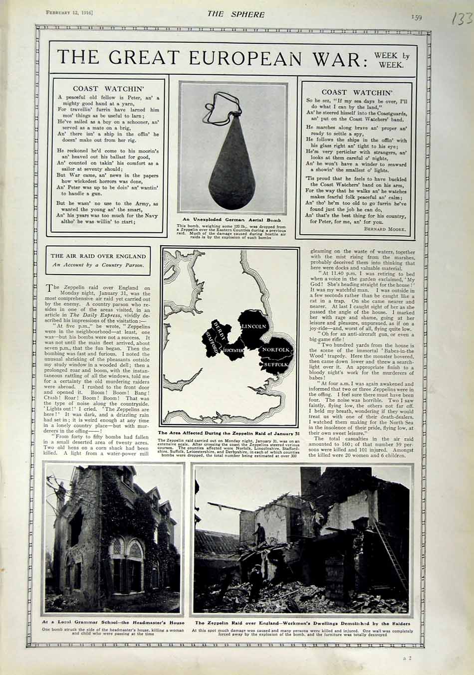 Old Antique Print 1916 German Aerial Bomb Zeppelin England Grammar School 20th