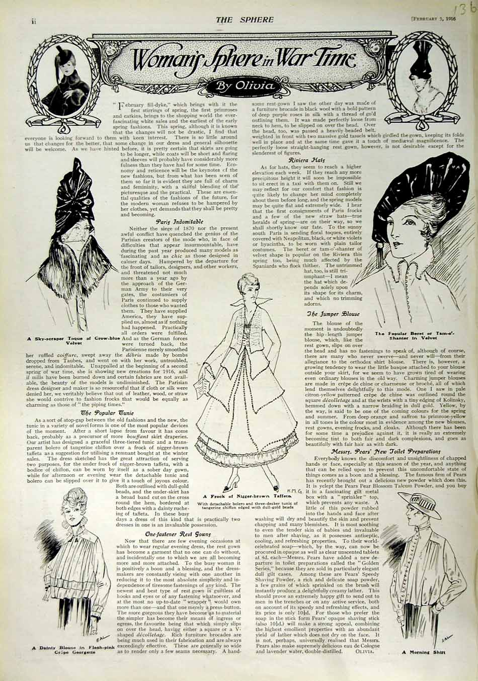 Original Old Antique Print 1916 Women'S Fashion Frock Taffeta Georgette Shirt