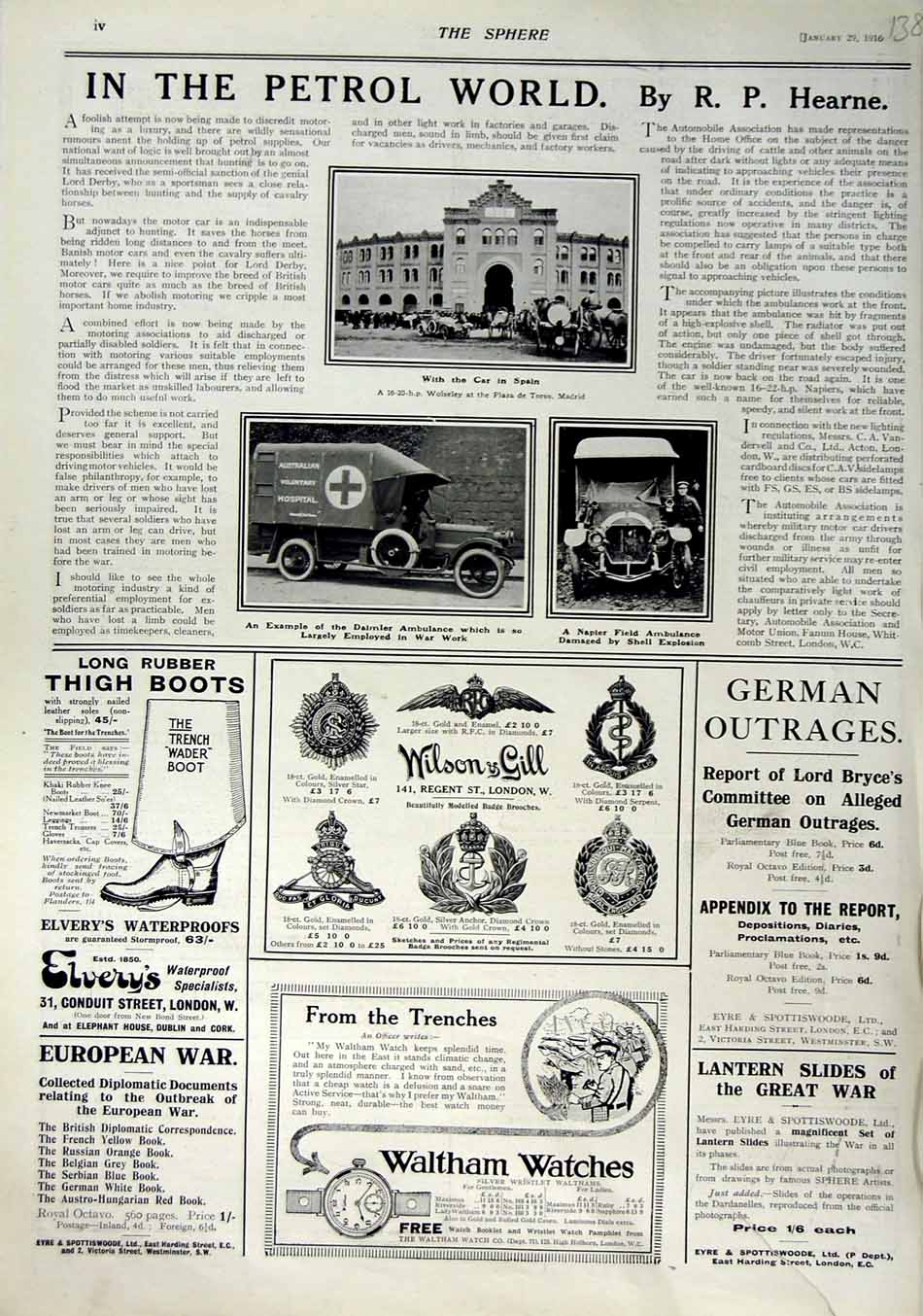 Old Antique Print 1916 Wolseley Motor Car Madrid Napier Daimler Watches 20th