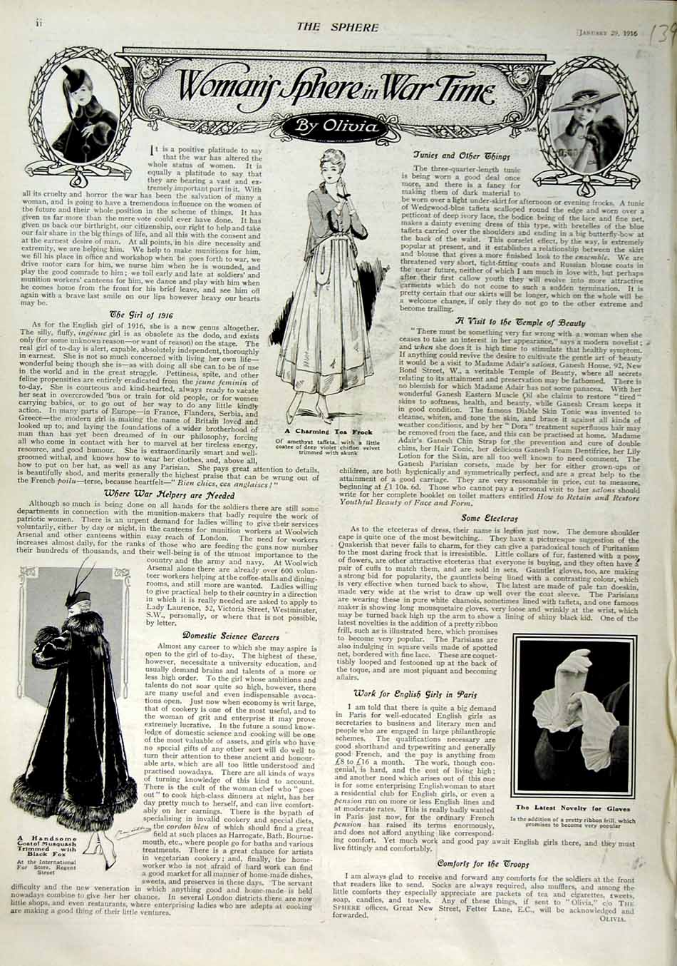 Original Old Antique Print 1916 Woman'S Fashion Dresses Tea Frock Fur Black Fox