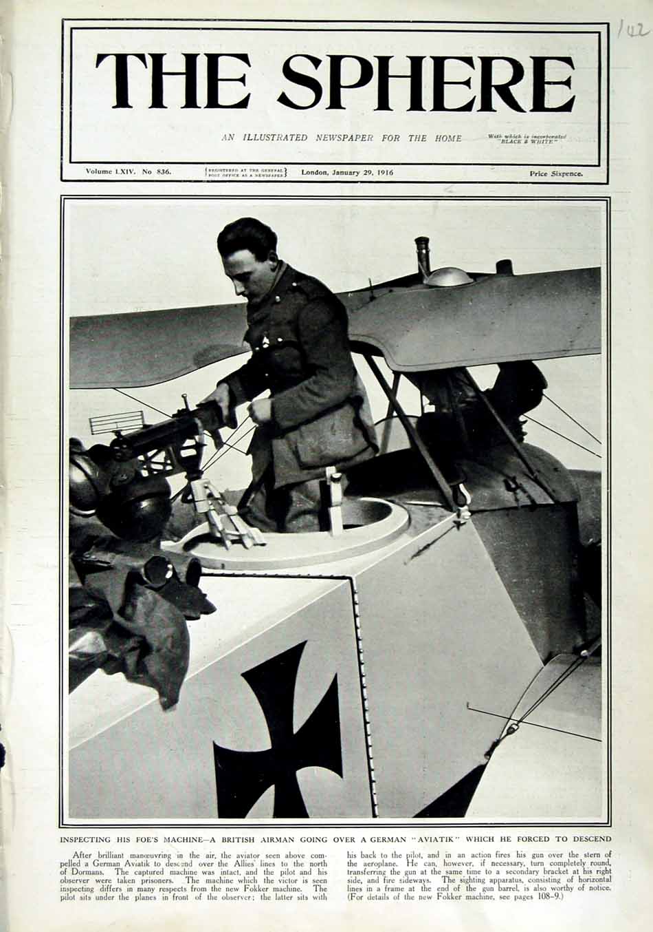 Original Old Antique Print 1916 British Airman German Aviatik War Aeroplane