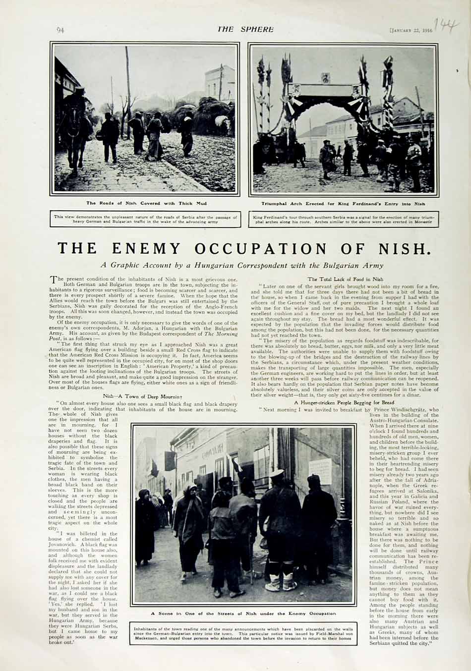 Old Antique Print 1916 Roads Nish Mud King Ferdinand Triumphal Arch War 20th