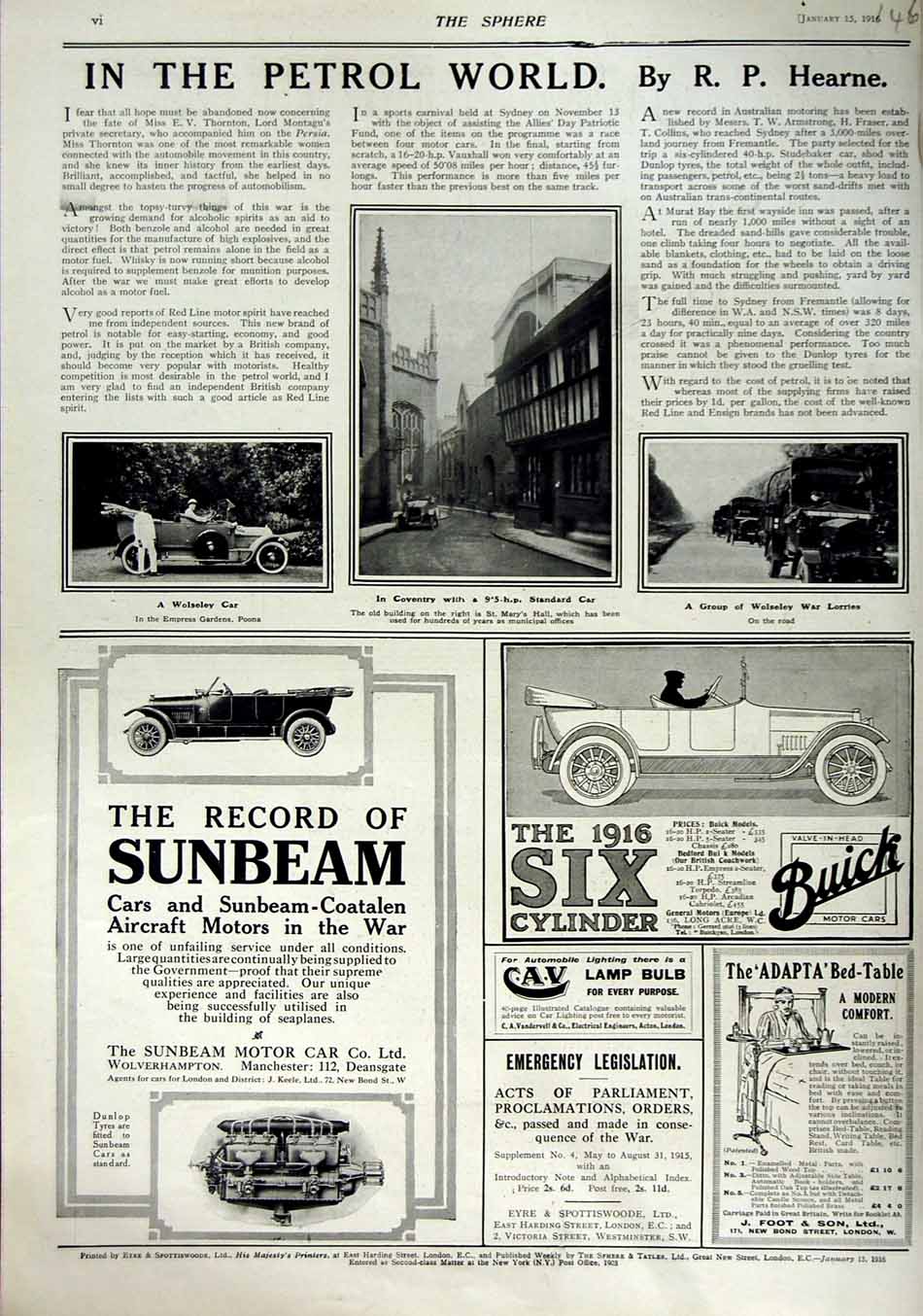 Original Old Antique Print 1916 Coventry Standard Car Wolseley Buick Sunbeam