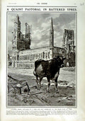 Original Old Antique Print 1916 Cow Grand Palace Ypres War Tuins Building 20th