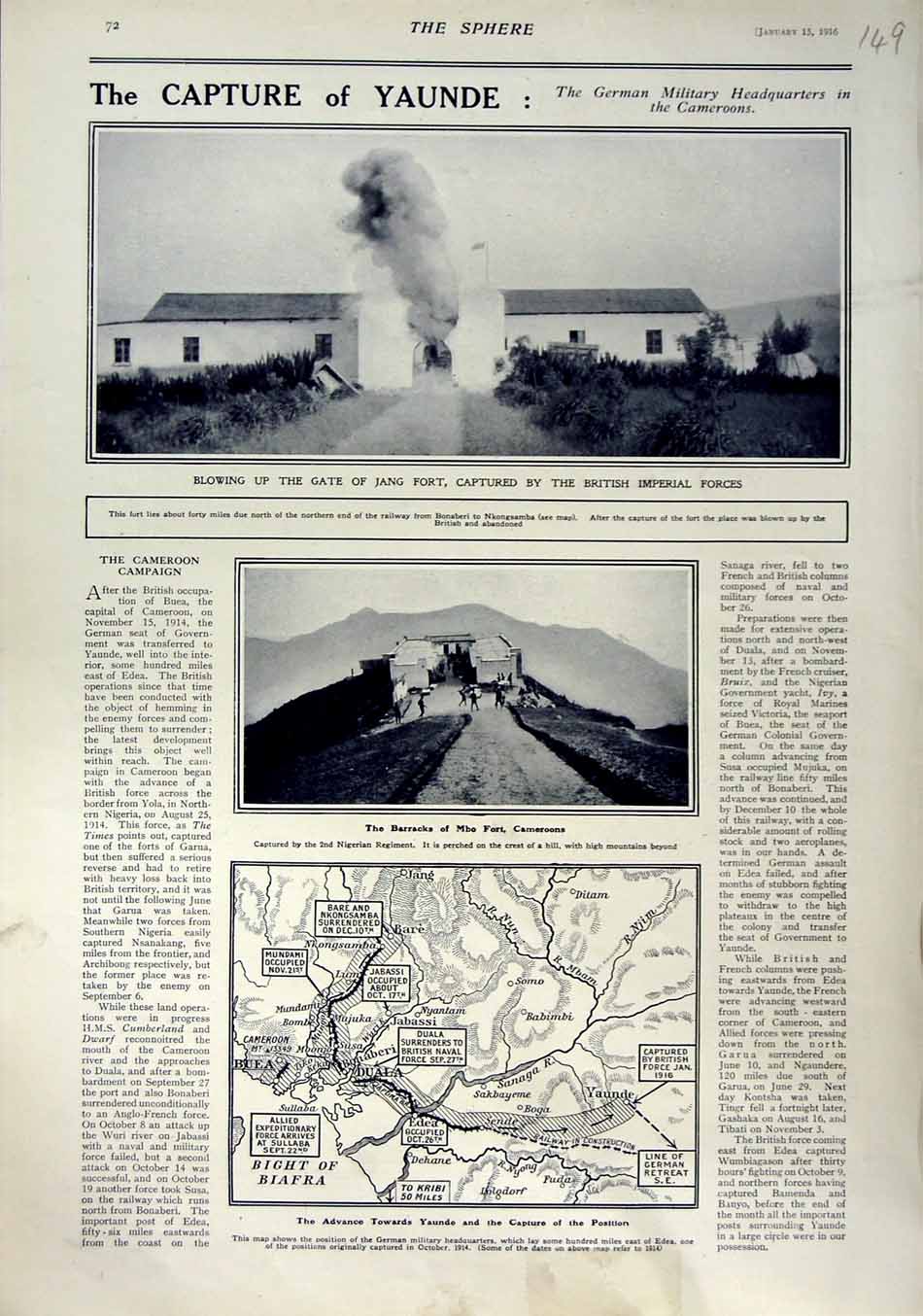 Old Antique Print 1916 Gate Jang Fort Yaunde War Barracks Cameroons War 20th