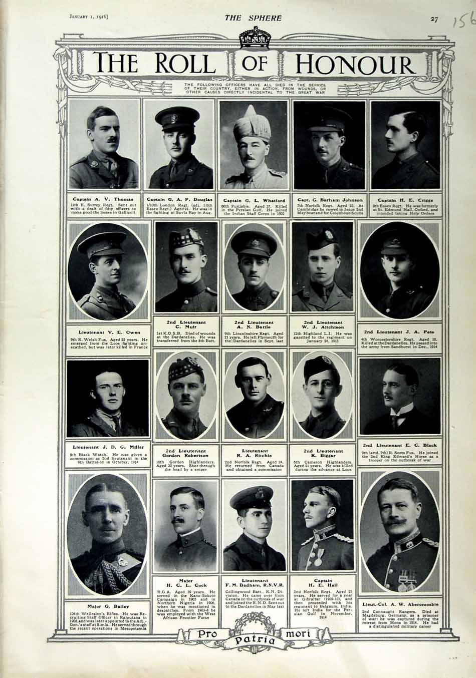 Original Old Antique Print 1916 Roll Honour Dead Siers War Whatford Muir Miller