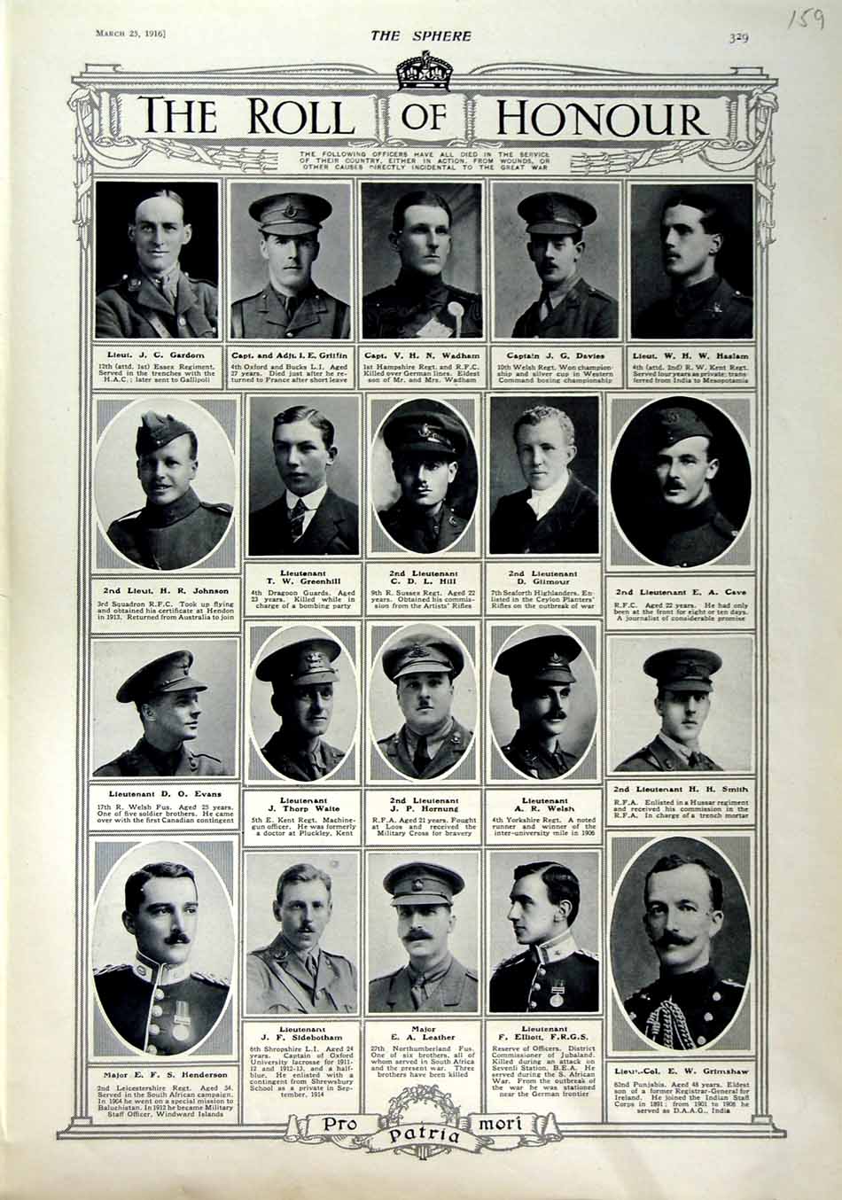 Original Old Antique Print 1916 Roll Honour Dead Siers War Wadham Hill Welsh