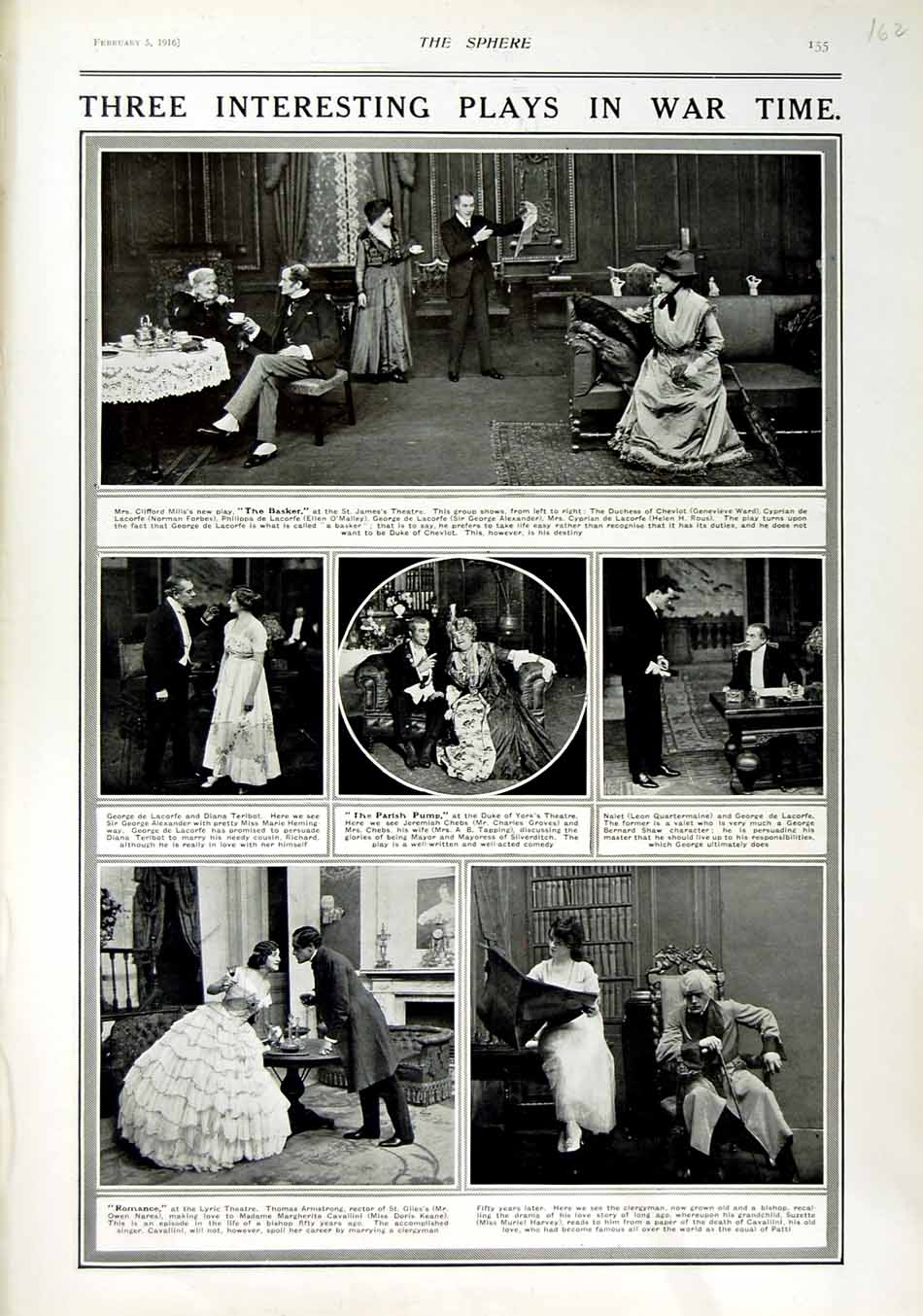 Original Old Antique Print 1916 Theatre War Lyric Basket Parish Pump Cheviot