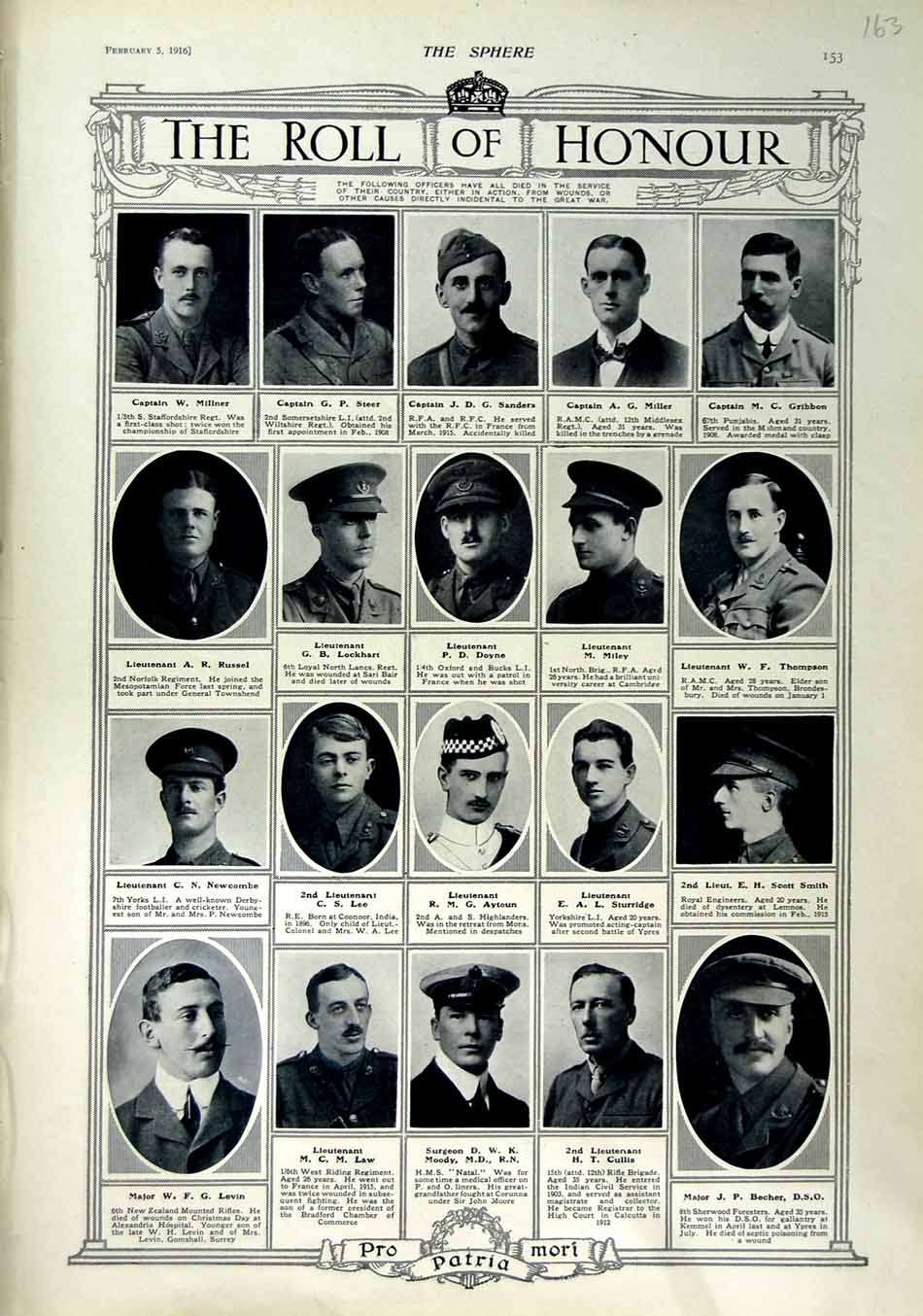 Original Old Antique Print 1916 Roll Honour Dead War Siers Moody Becher Lee
