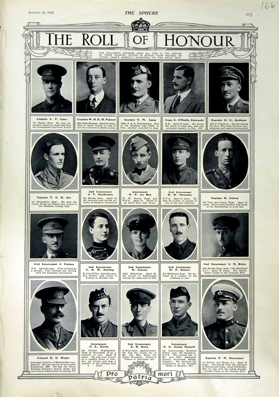 Original Old Antique Print 1916 Roll Honour Dead War Siers Gibson Knox Smith