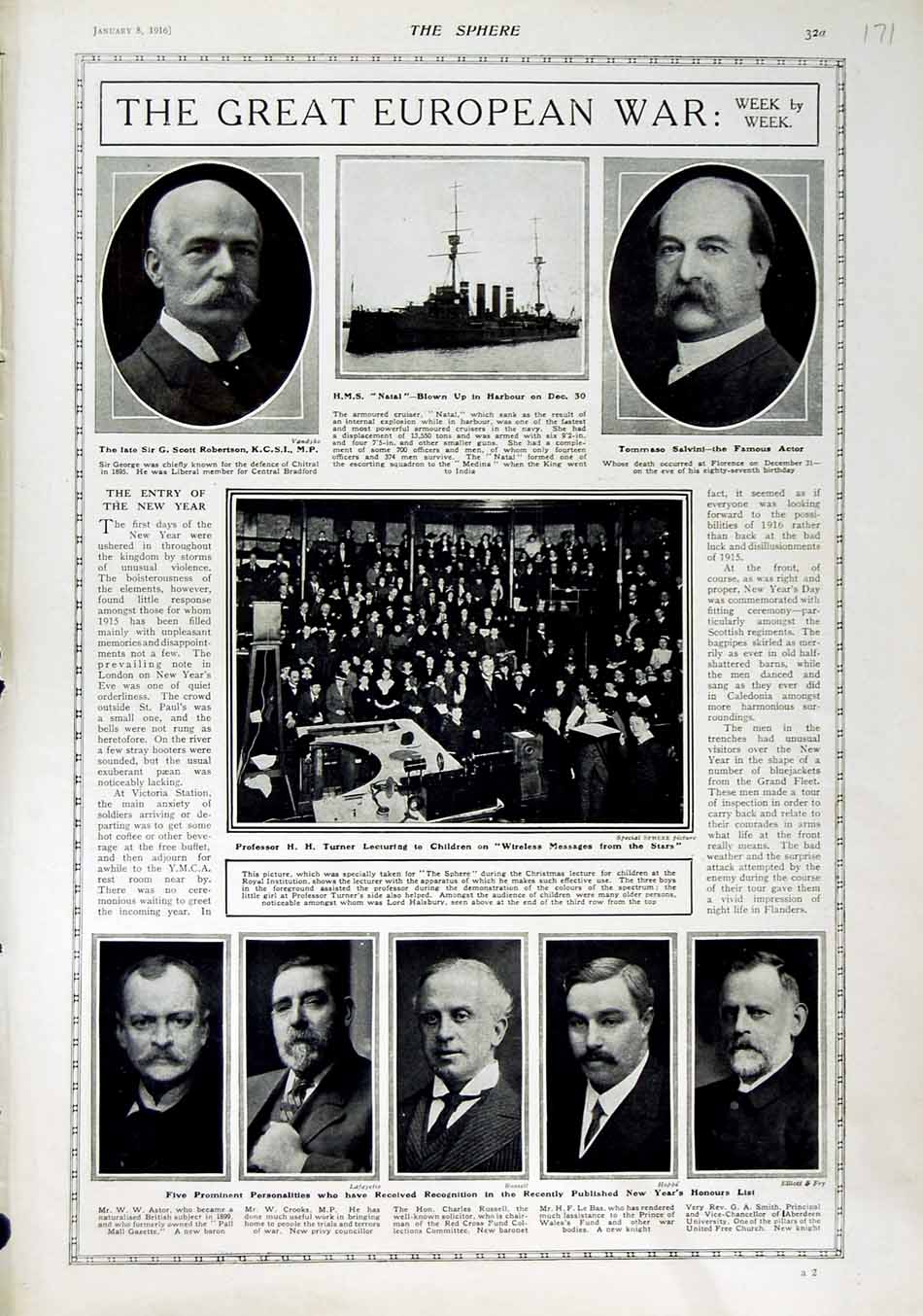 Old Antique Print 1916 Robertson Salvini Turner War New Year Honours List 20th