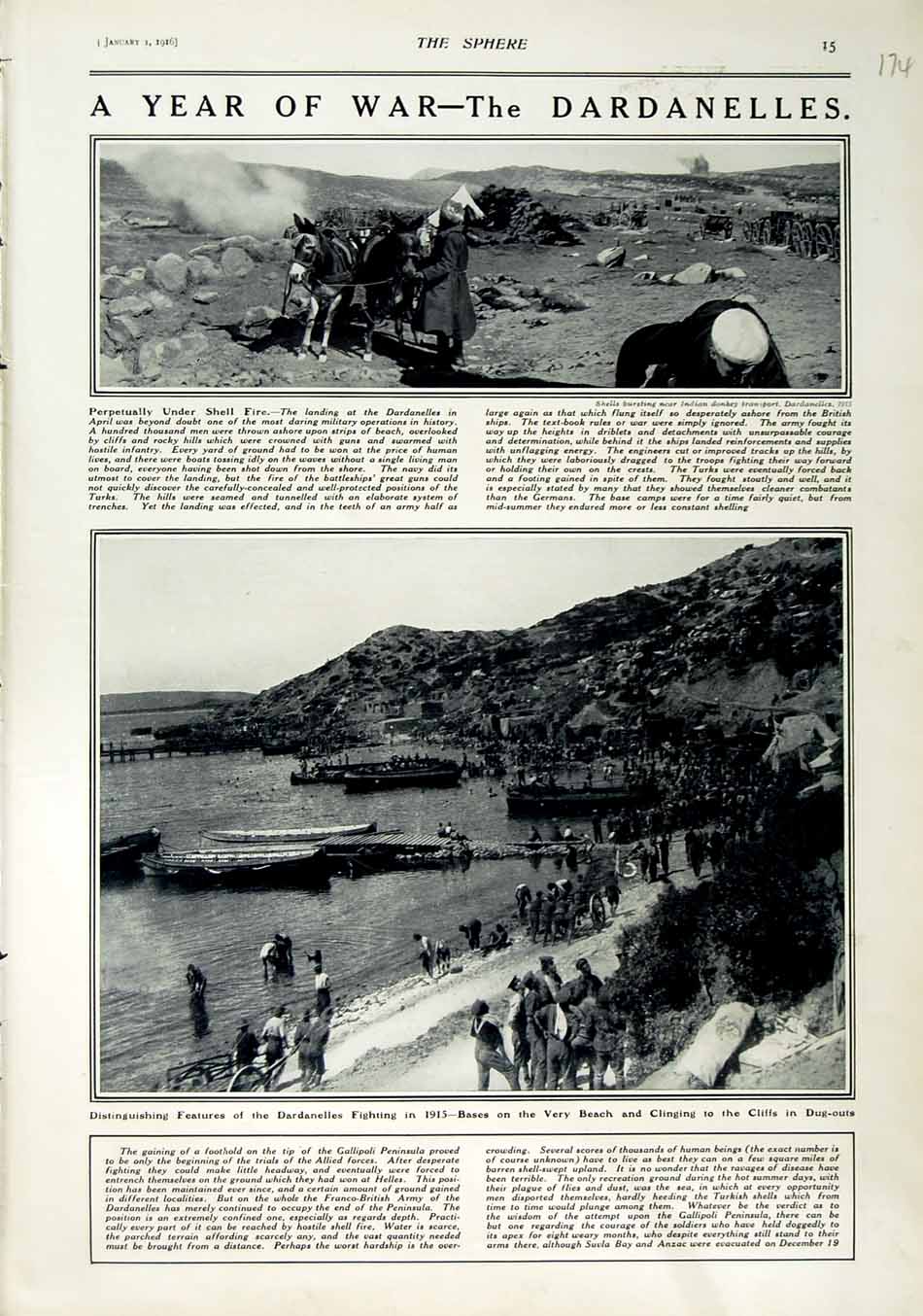 Original Old Antique Print 1916 War Dardanelles Siers Battle Boats Cliffs 20th
