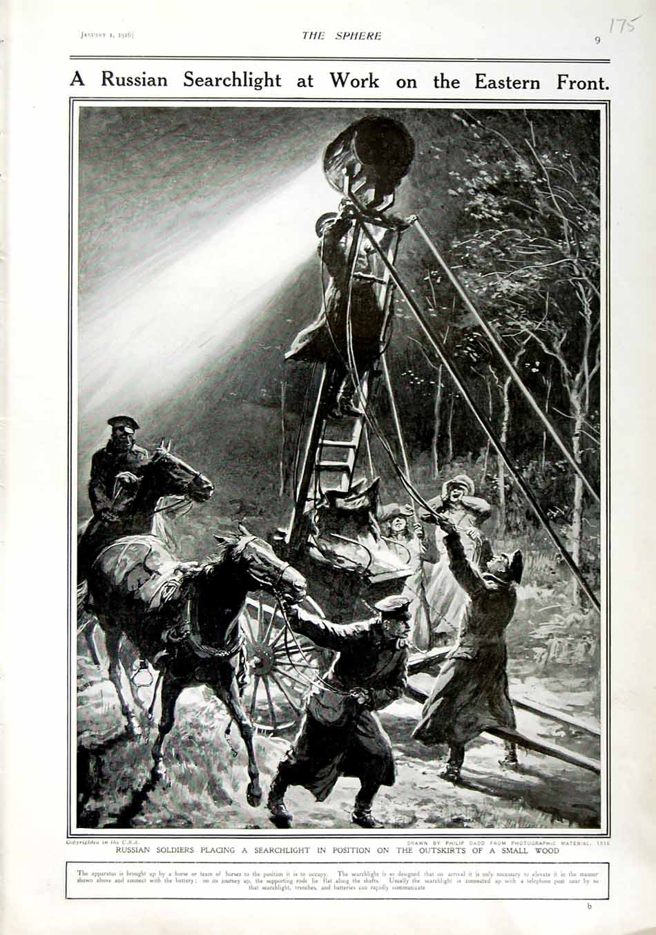 Original Old Antique Print 1916 Russian Siers Searchlight War Eastern Front
