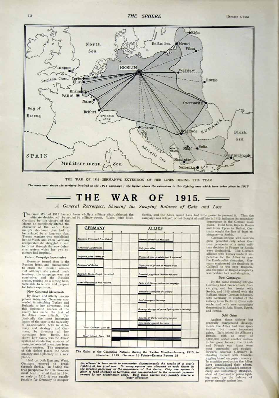 Original Old Antique Print 1916 Map Europe War Germany France Britain Warsaw