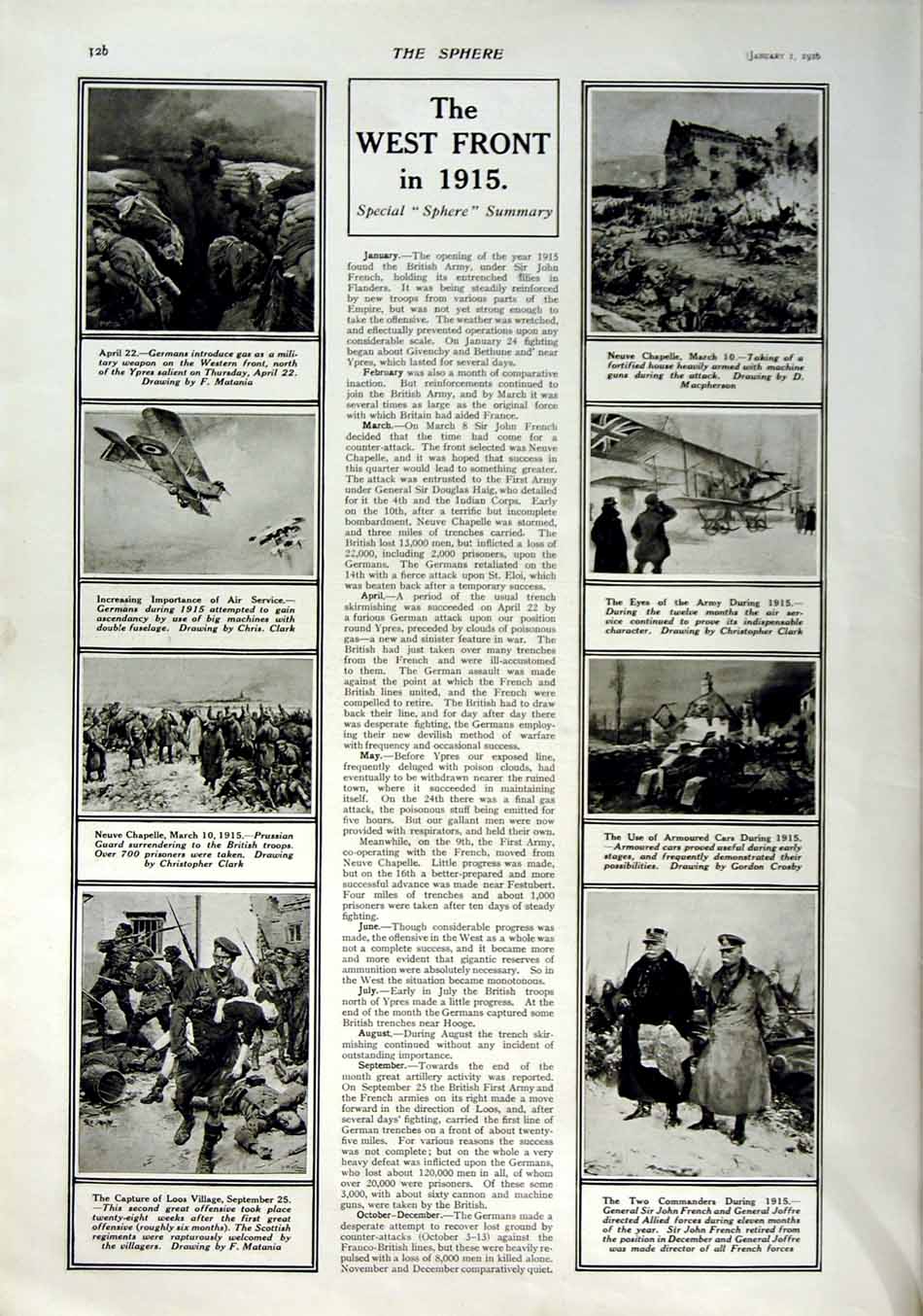 Original Old Antique Print 1916 West Front War Siers Loos John French Joffre