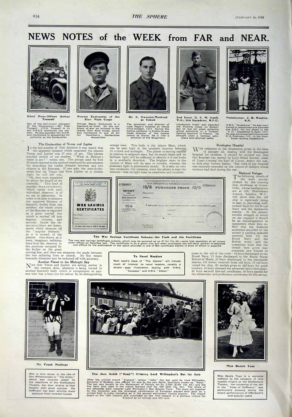 Original Old Antique Print 1916 Siers Clubhouse Theatre War Willingdon Tyas