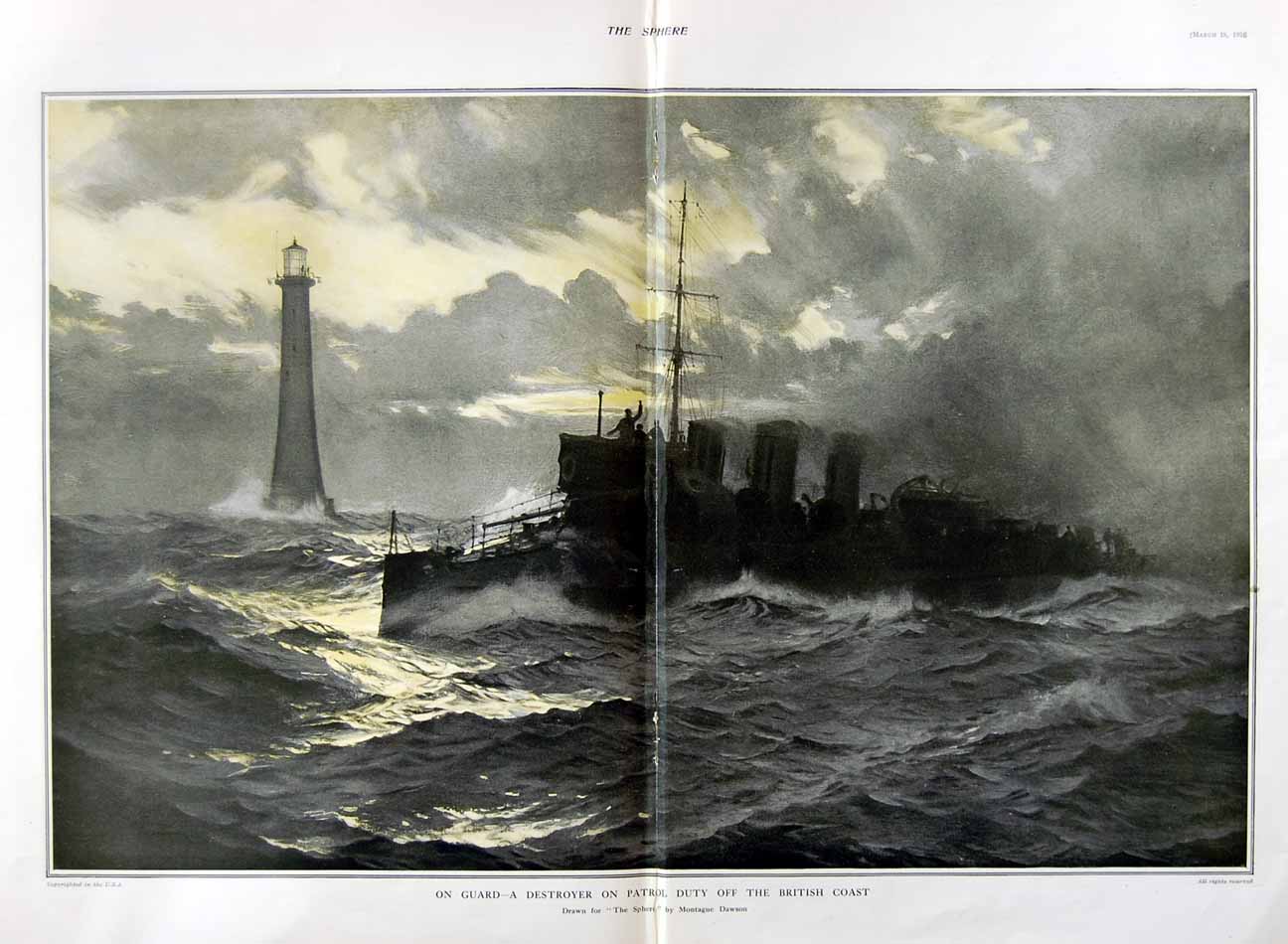 Original Old Antique Print 1916 British Destroyer Ship Patrol War Mine-Sweeper