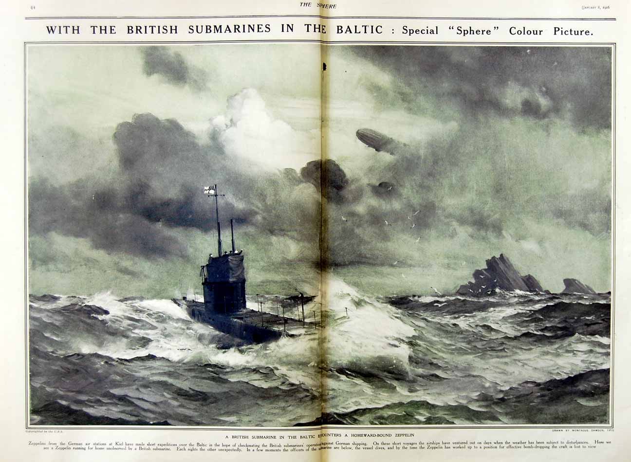 Antique Old Print 1916 British Submarine Baltic War Zeppelin Navy Officer 20th