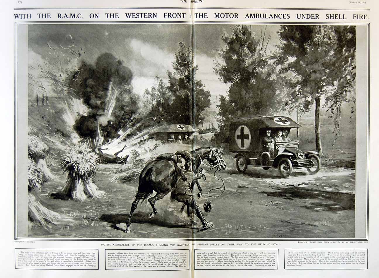 Old Antique Print 1916 R.A.M.C Motor Ambulances German Shells War Army 20th