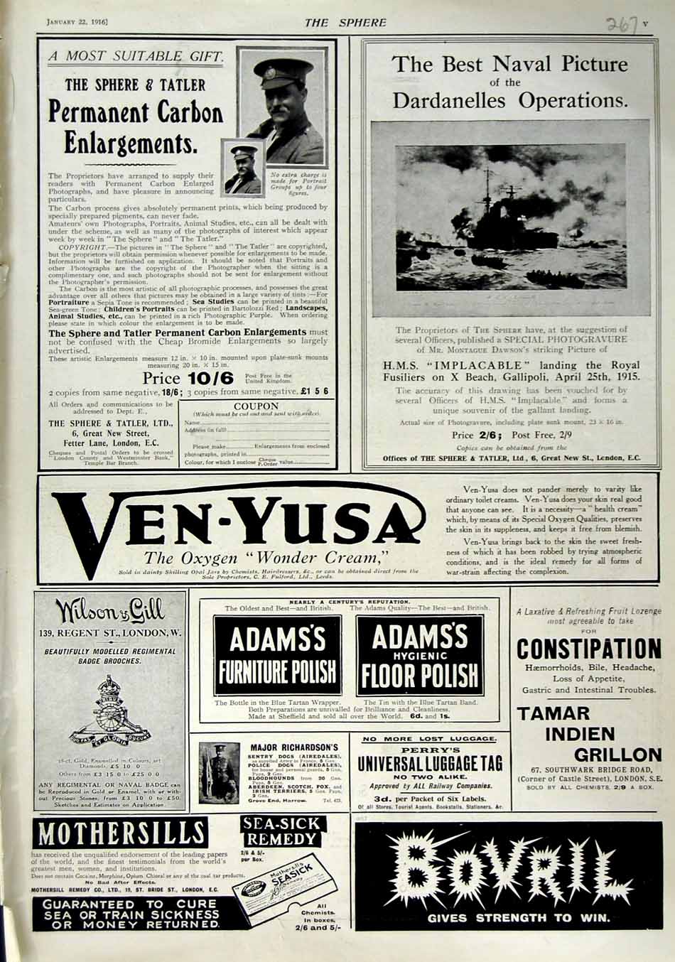 Old Antique Print 1916 Advertisement Bovril Mothersills Sea-Sick Remedy 20th