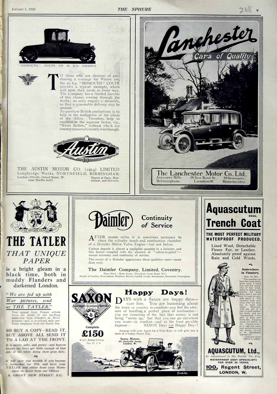 Original Old Antique Print 1916 Advertisement Lanchester Motor Car Austin Saxon
