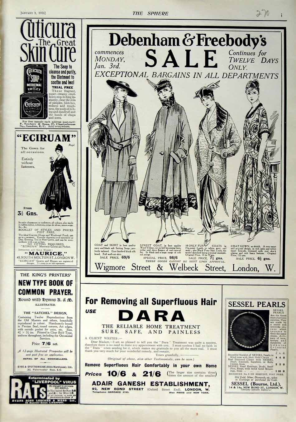 Original Old Antique Print 1916 Advertisement Debenhams Sessel Pearls Cuticura
