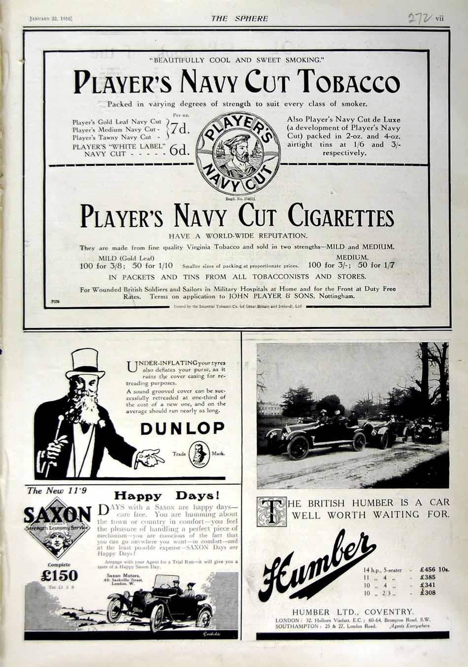 Old Antique Print 1916 Advertisement Player'S Cigarettes Humber Saxon Car 20th