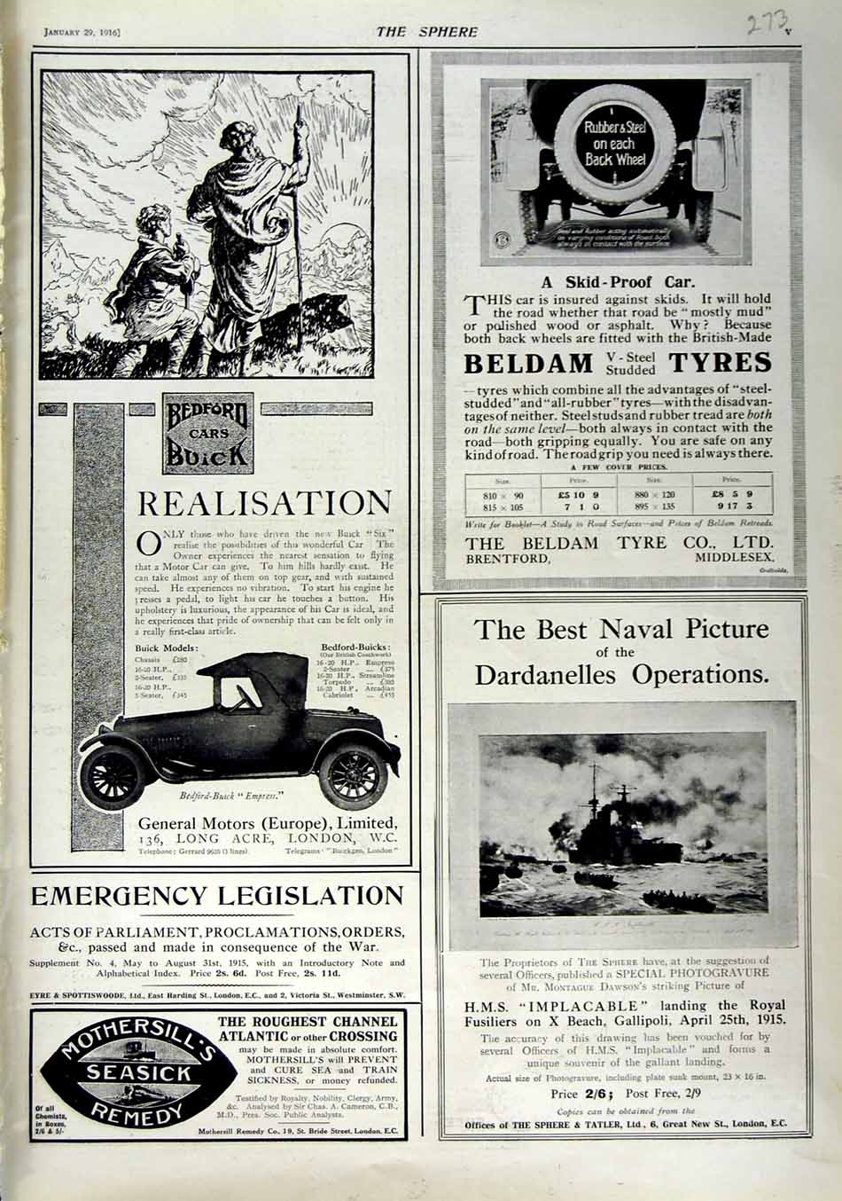Original Old Antique Print 1916 Advertisment Buick Motor Car Beldam Tyres Ship