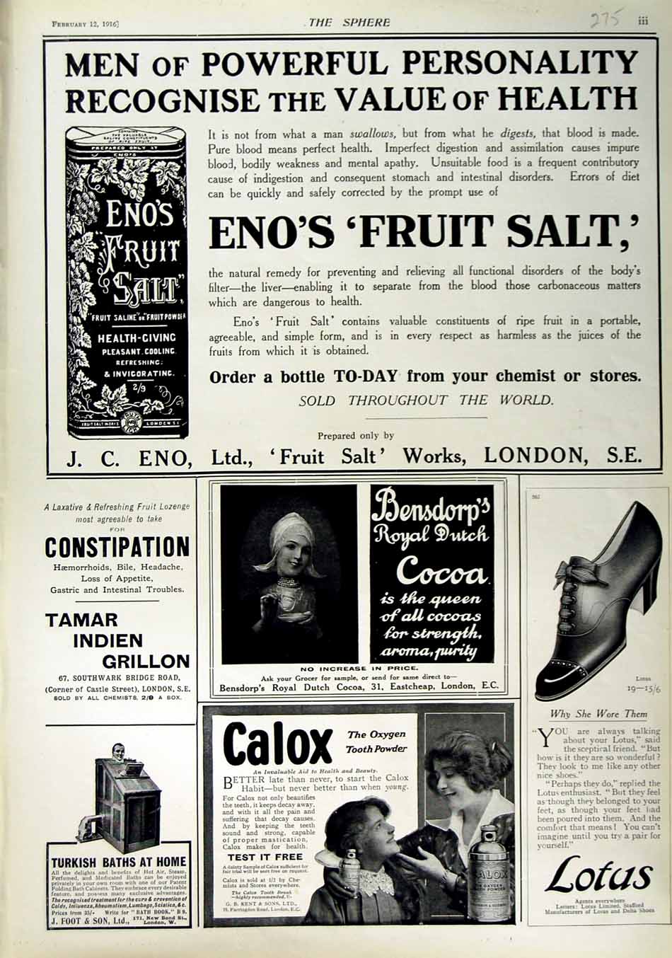 Original Old Antique Print 1916 Advertisment Eno'S Fruit Salt Calox Lotus Tamar
