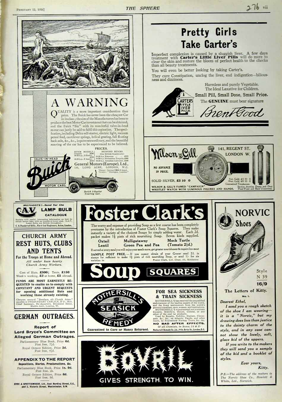 Old Antique Print 1916 Advertisment Buick Motor Car Bovril Norvic Shoes 20th