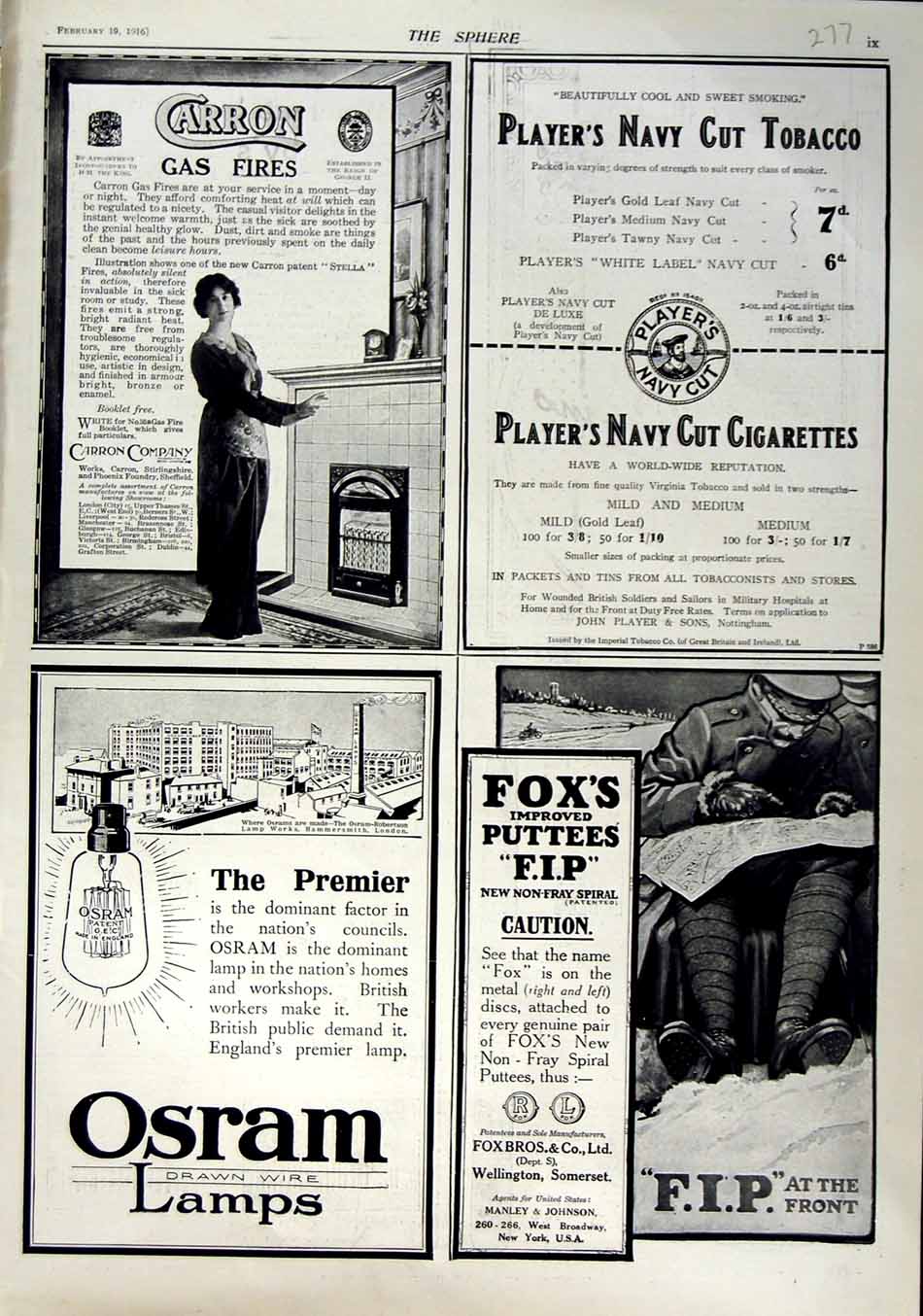 Old Antique Print 1916 Advertisment Carron Gas Fires Cigarettes Osram Fox 20th