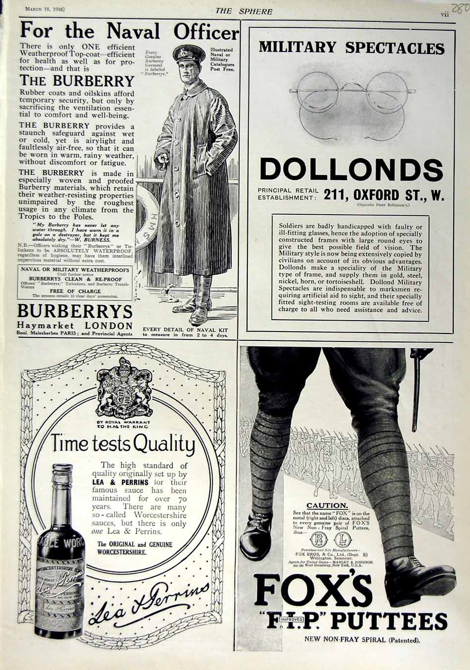 Old Antique Print 1916 Advertisment Burberry Dollonds Lea Perrins Puttees 20th
